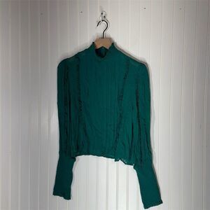 Farm Rio Green Sheer Swiss Dot Blouse M Ruffle Long Sleeve Mock Neck Boho Top
